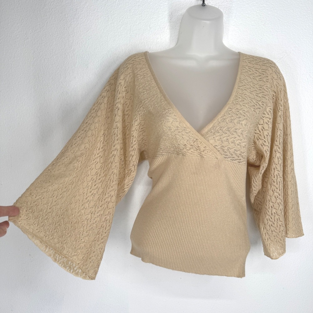 Cache Babydoll Pointelle Bell Sleeve Wrap Ribbed Sweater Top NEW Size M Tan Y2K